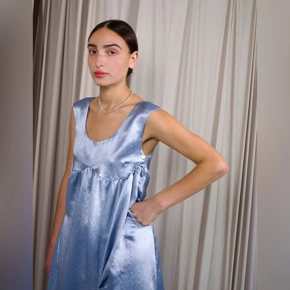 Collina Strada Dara Light Blue Satin Midi Dress Drapey Asymmetric Avant Garde - Picture 7 of 16